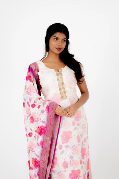 Ivory Floral Printed Suit Set with Pink Silk Dupatta