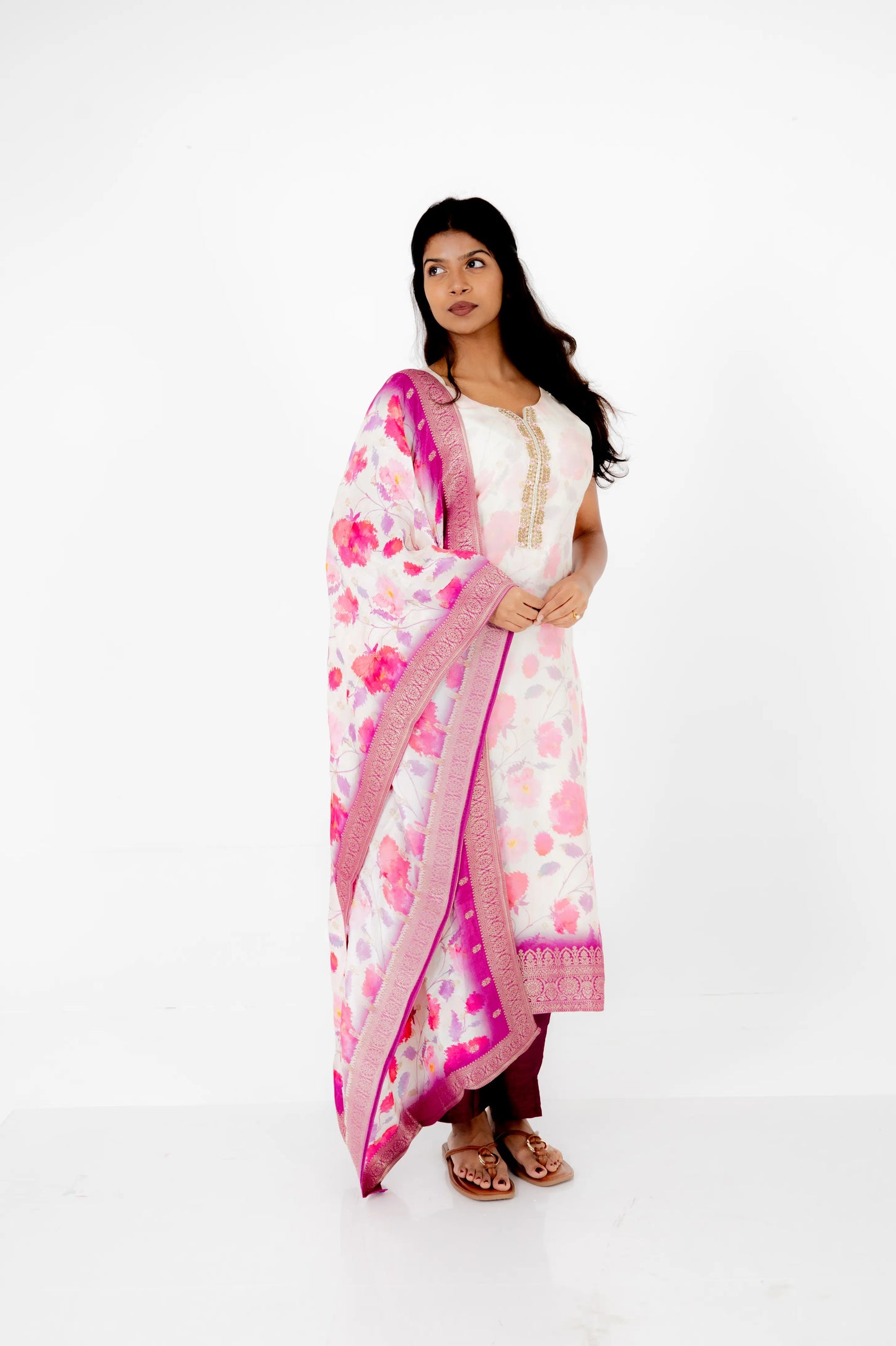 Ivory Floral Printed Suit Set with Pink Silk Dupatta
