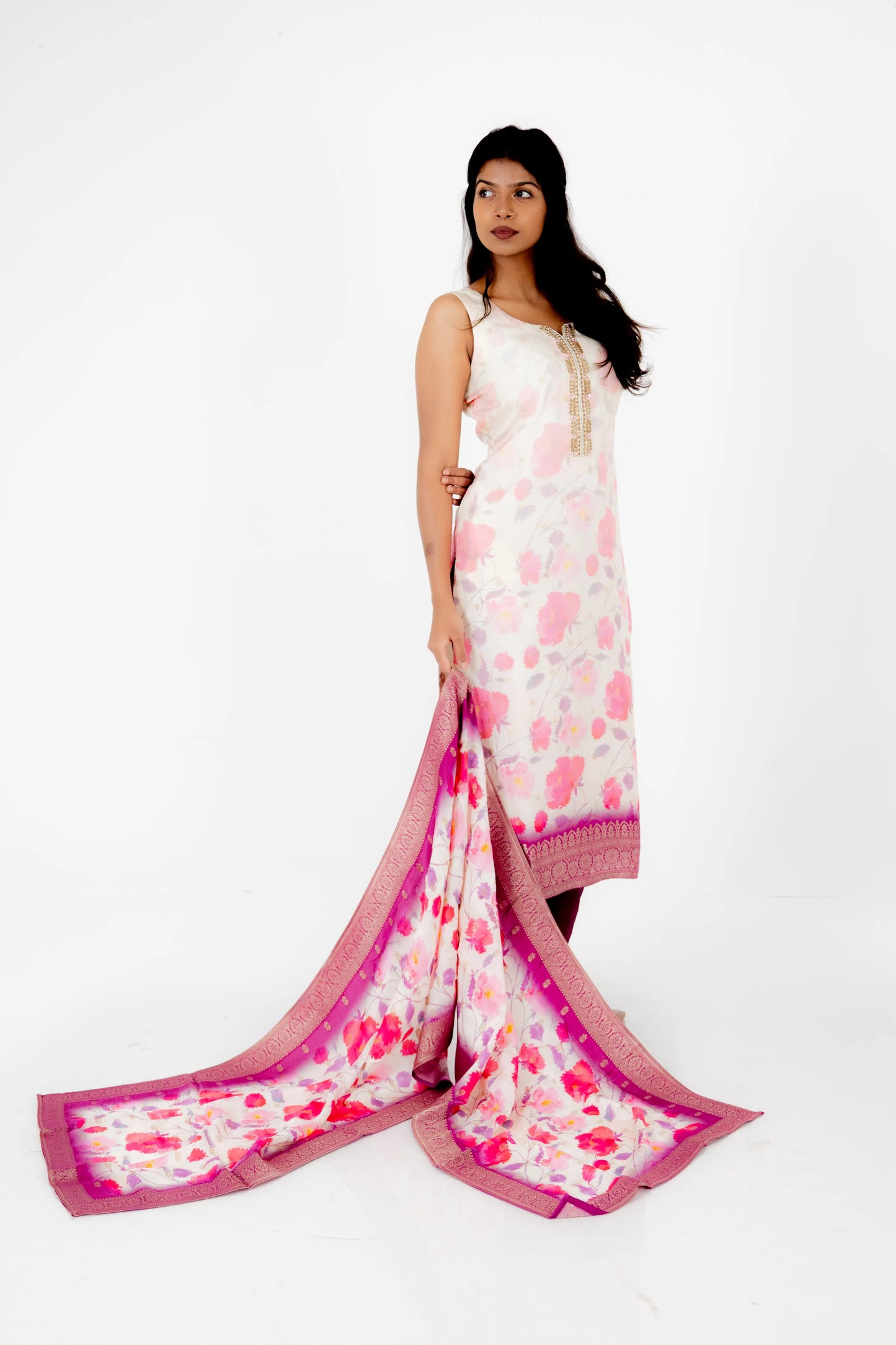 Ivory Floral Printed Suit Set with Pink Silk Dupatta