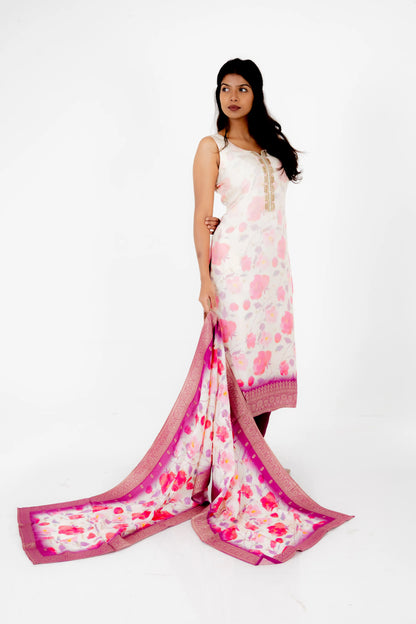 Ivory Floral Printed Suit Set with Pink Silk Dupatta