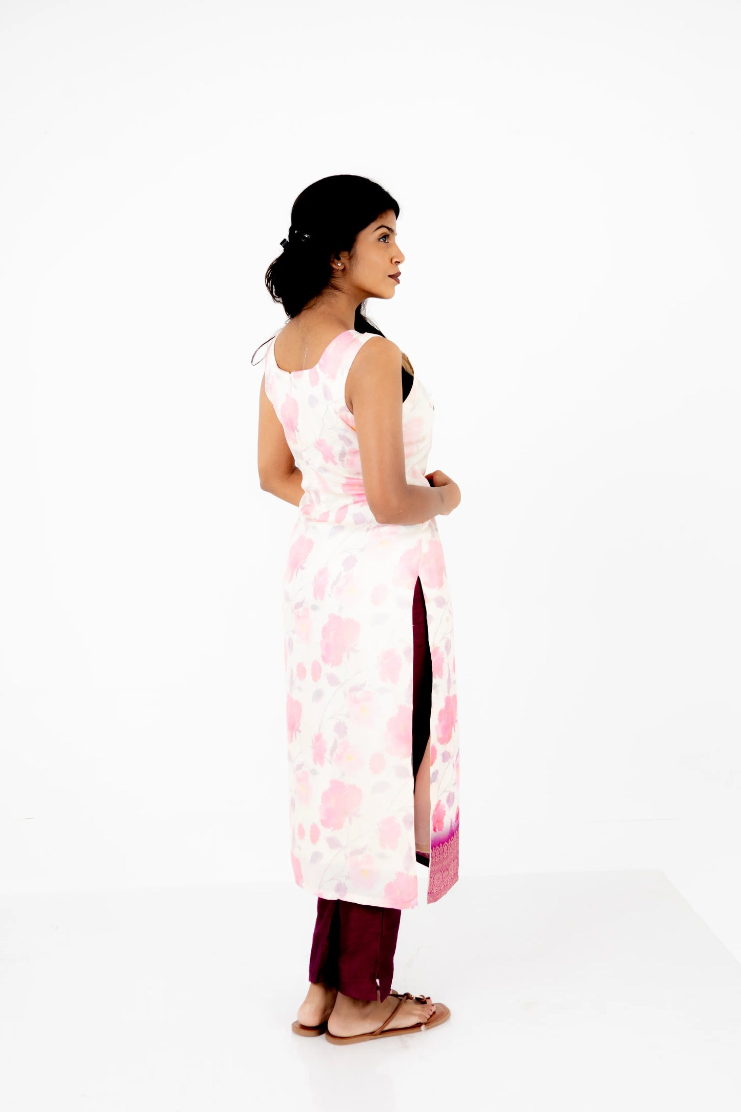 Ivory Floral Printed Suit Set with Pink Silk Dupatta