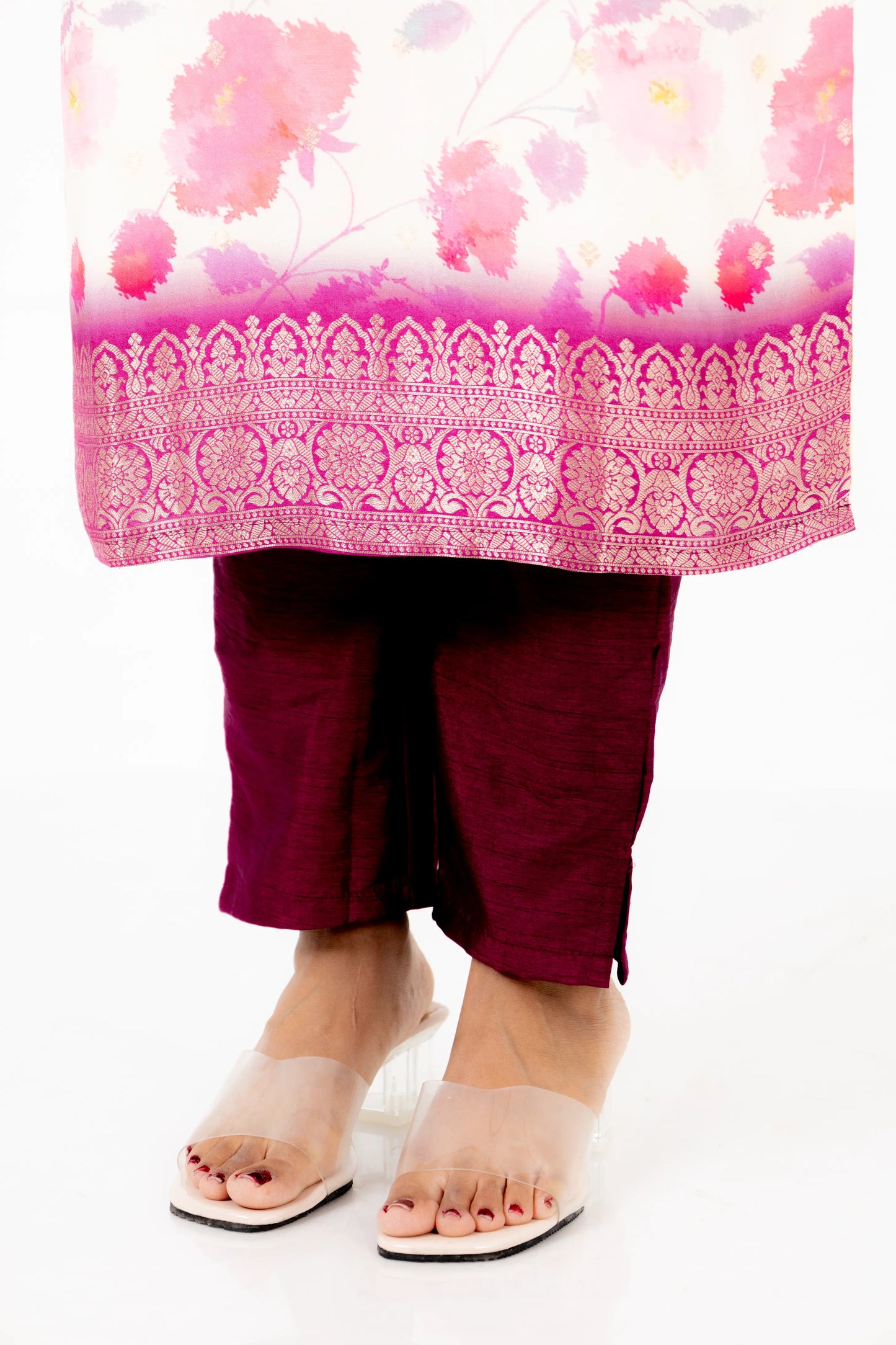 Ivory Floral Printed Suit Set with Pink Silk Dupatta