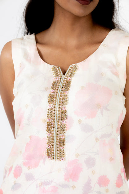 Ivory Floral Printed Suit Set with Pink Silk Dupatta