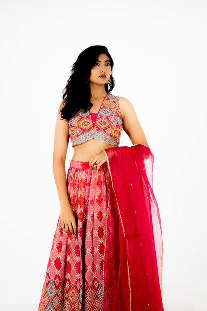 Rani Pink Mirror-Work Lehenga Set with Embroidered Blouse & Organza Dupatta
