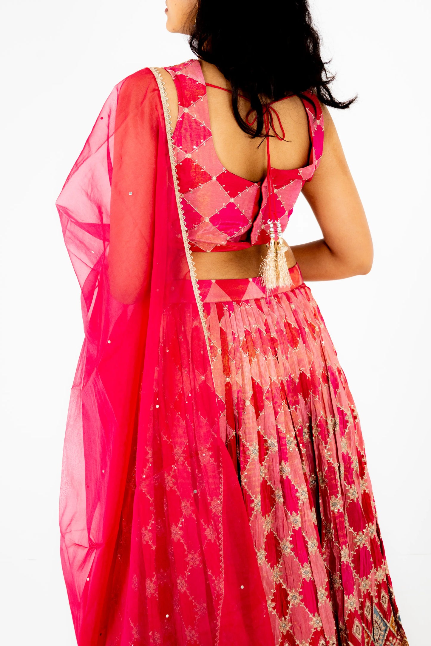 Rani Pink Mirror-Work Lehenga Set with Embroidered Blouse & Organza Dupatta