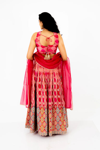 Rani Pink Mirror-Work Lehenga Set with Embroidered Blouse & Organza Dupatta