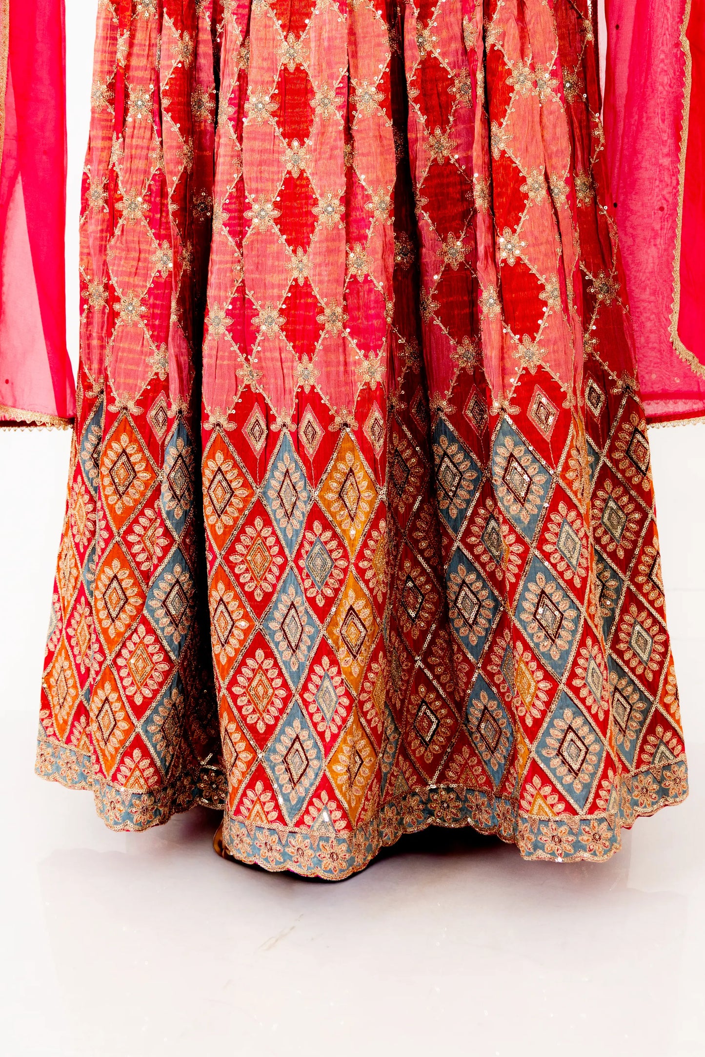 Rani Pink Mirror-Work Lehenga Set with Embroidered Blouse & Organza Dupatta