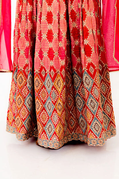 Rani Pink Mirror-Work Lehenga Set with Embroidered Blouse & Organza Dupatta