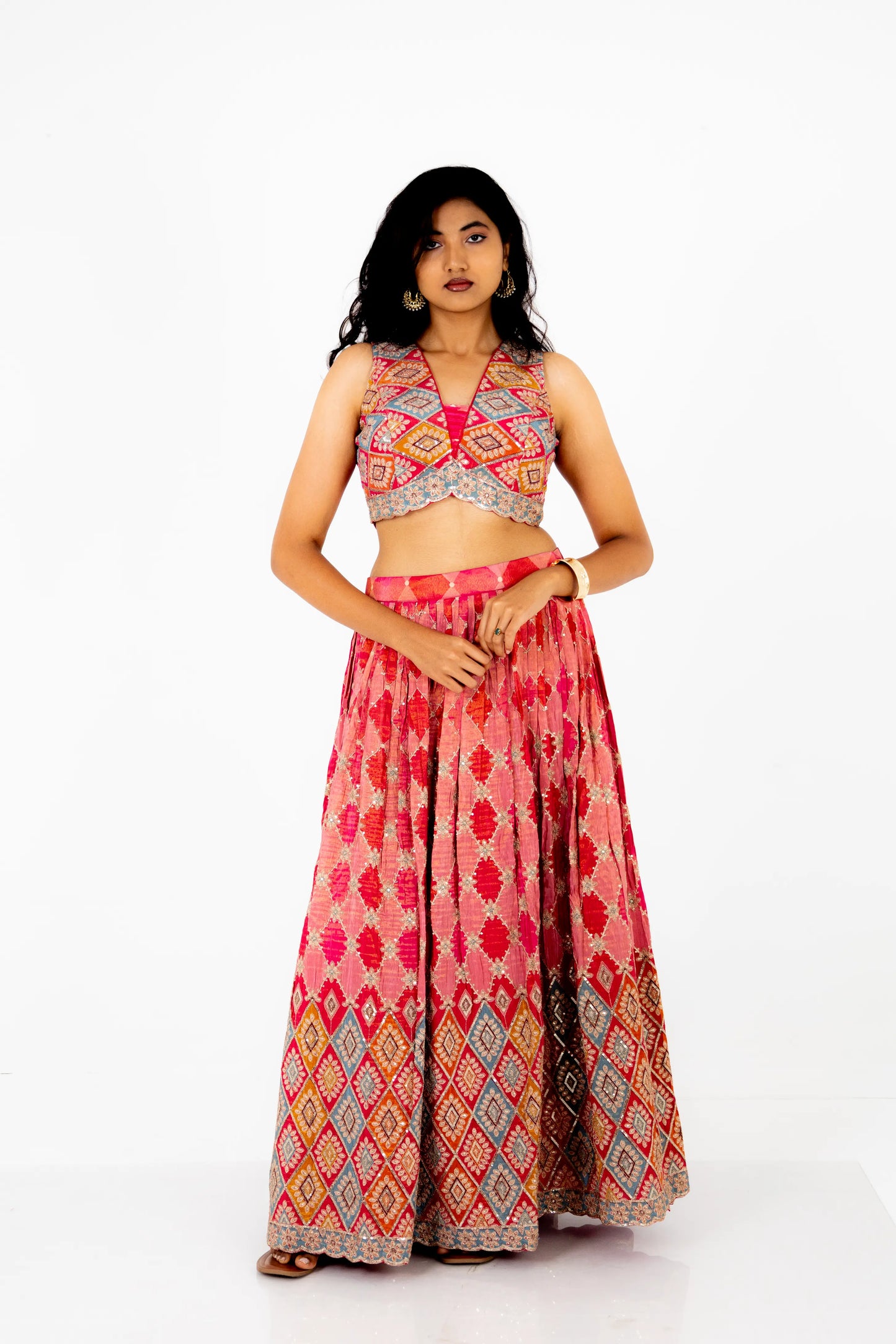 Rani Pink Mirror-Work Lehenga Set with Embroidered Blouse & Organza Dupatta