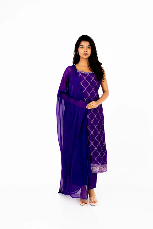 Royal Violet Embroidered Chiffon Suit Set