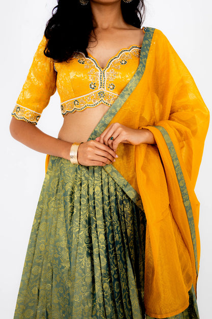 Sunlit Mustard & Olive Banarasi Lehenga Set