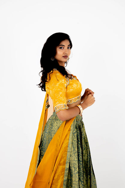 Sunlit Mustard & Olive Banarasi Lehenga Set