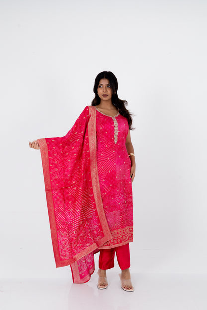 Rani Pink Bandhani Printed Suit Set with Embellished Neckline