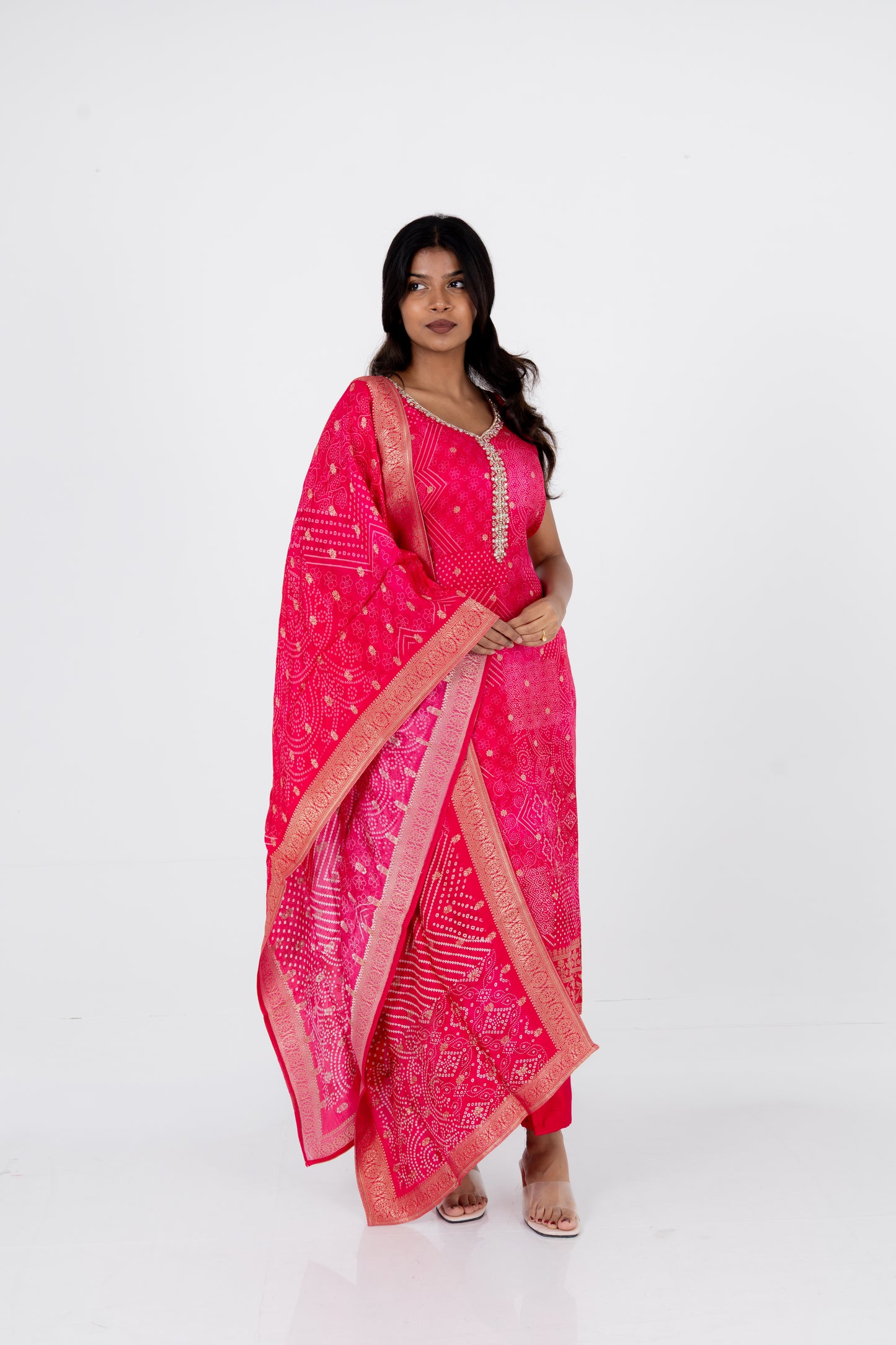 Rani Pink Bandhani Printed Suit Set with Embellished Neckline