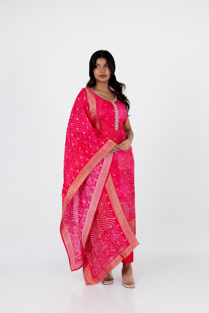 Rani Pink Bandhani Printed Suit Set with Embellished Neckline