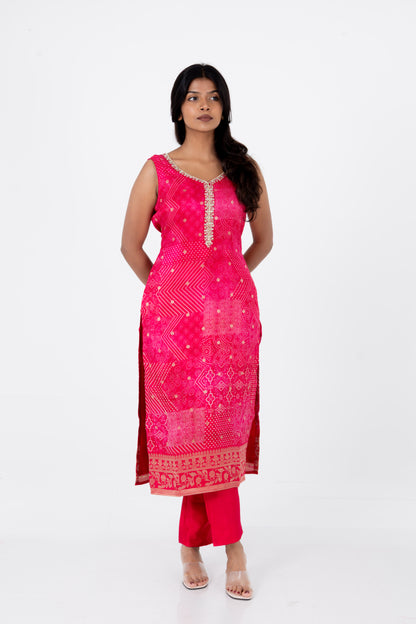 Rani Pink Bandhani Printed Suit Set with Embellished Neckline