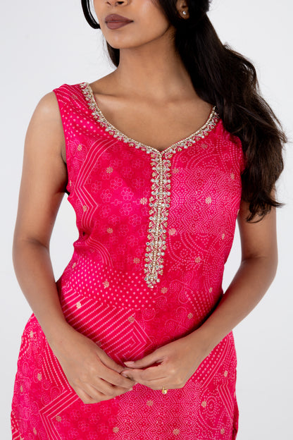 Rani Pink Bandhani Printed Suit Set with Embellished Neckline