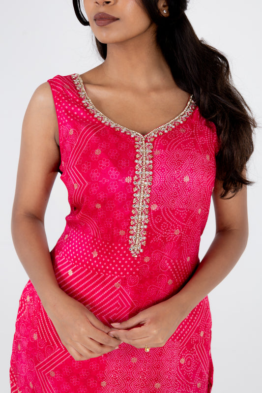 Rani Pink Bandhani Printed Suit Set with Embellished Neckline