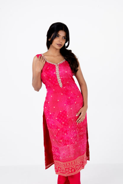 Rani Pink Bandhani Printed Suit Set with Embellished Neckline