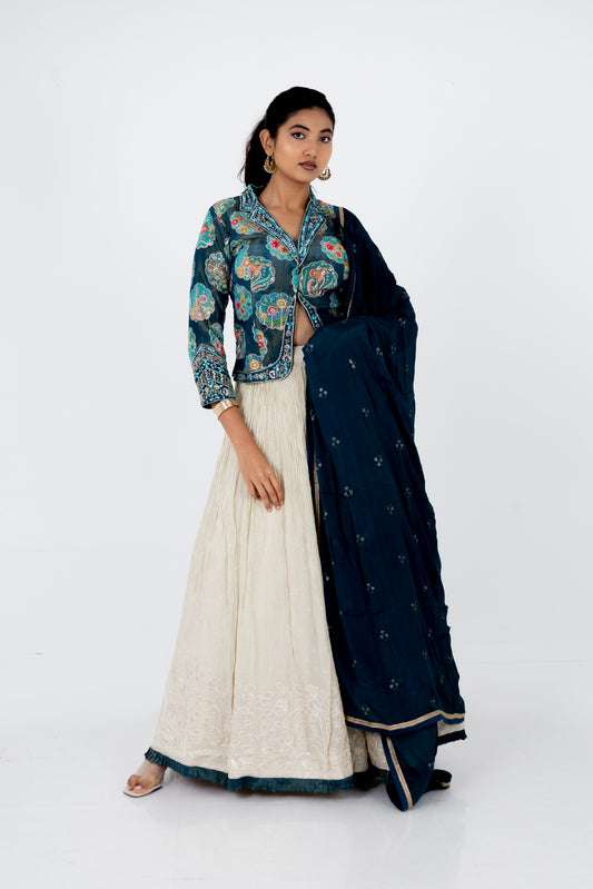 Teal Blue Printed Jacket with Ivory Embroidered Lehenga & Dupatta Set