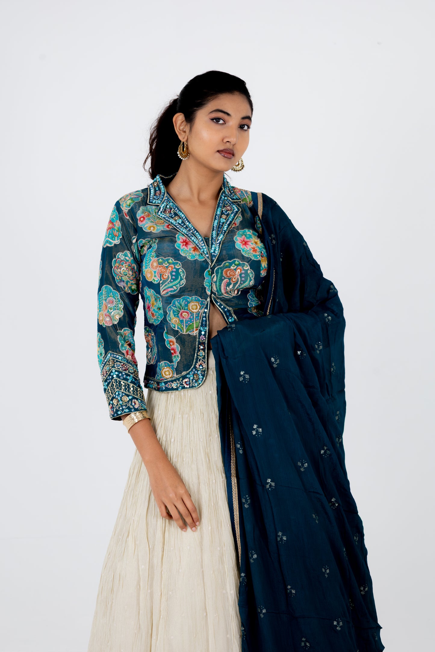 Teal Blue Printed Jacket with Ivory Embroidered Lehenga & Dupatta Set
