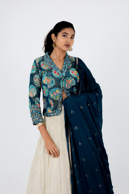 Teal Blue Printed Jacket with Ivory Embroidered Lehenga & Dupatta Set