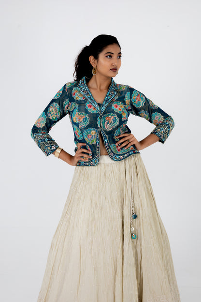 Teal Blue Printed Jacket with Ivory Embroidered Lehenga & Dupatta Set