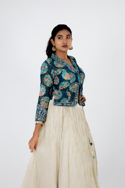 Teal Blue Printed Jacket with Ivory Embroidered Lehenga & Dupatta Set