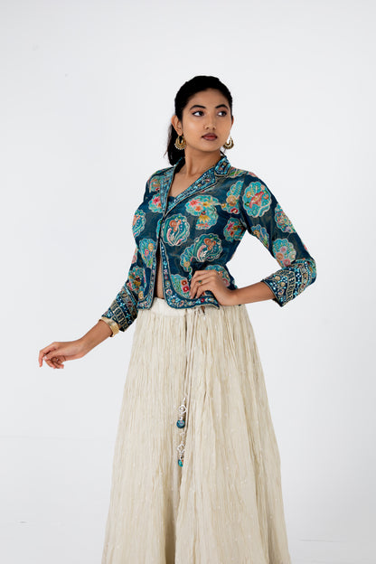 Teal Blue Printed Jacket with Ivory Embroidered Lehenga & Dupatta Set