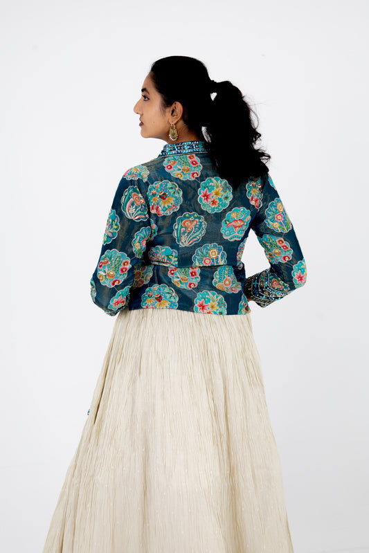 Teal Blue Printed Jacket with Ivory Embroidered Lehenga & Dupatta Set