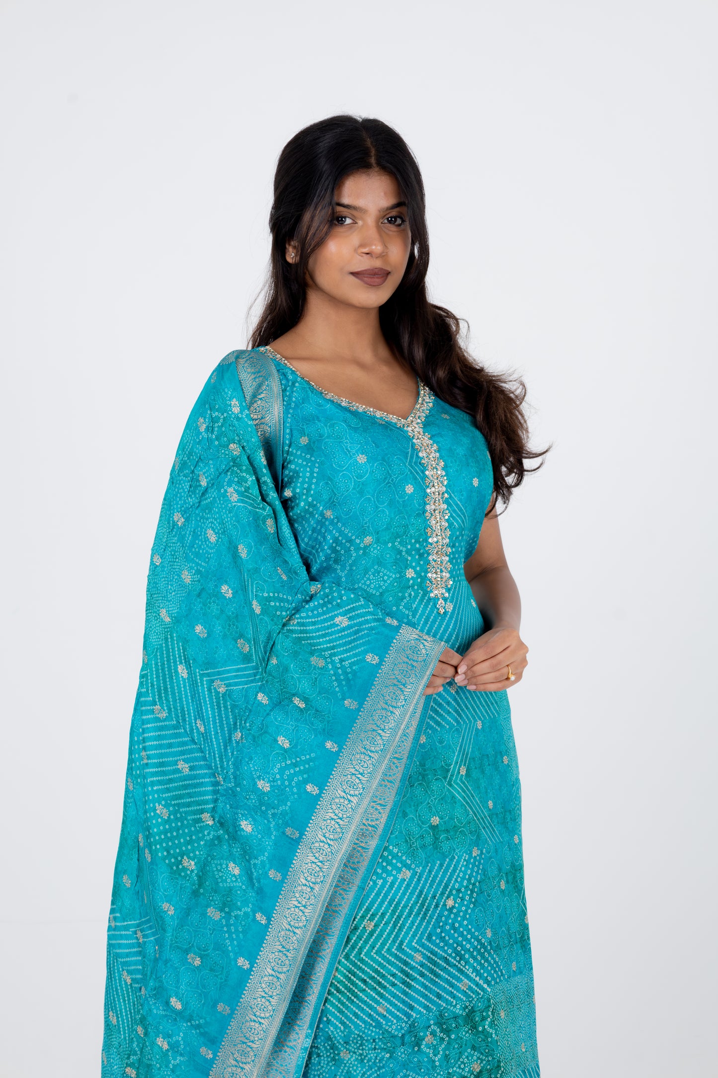 Turquoise Blue Bandhani Printed Suit Set with Embellished Neckline