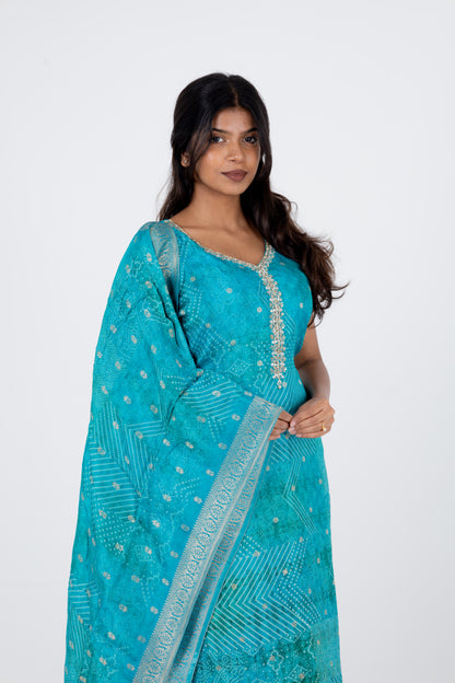Turquoise Blue Bandhani Printed Suit Set with Embellished Neckline