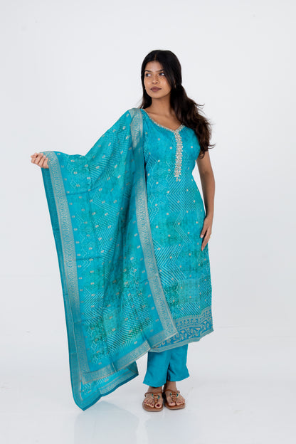 Turquoise Blue Bandhani Printed Suit Set with Embellished Neckline