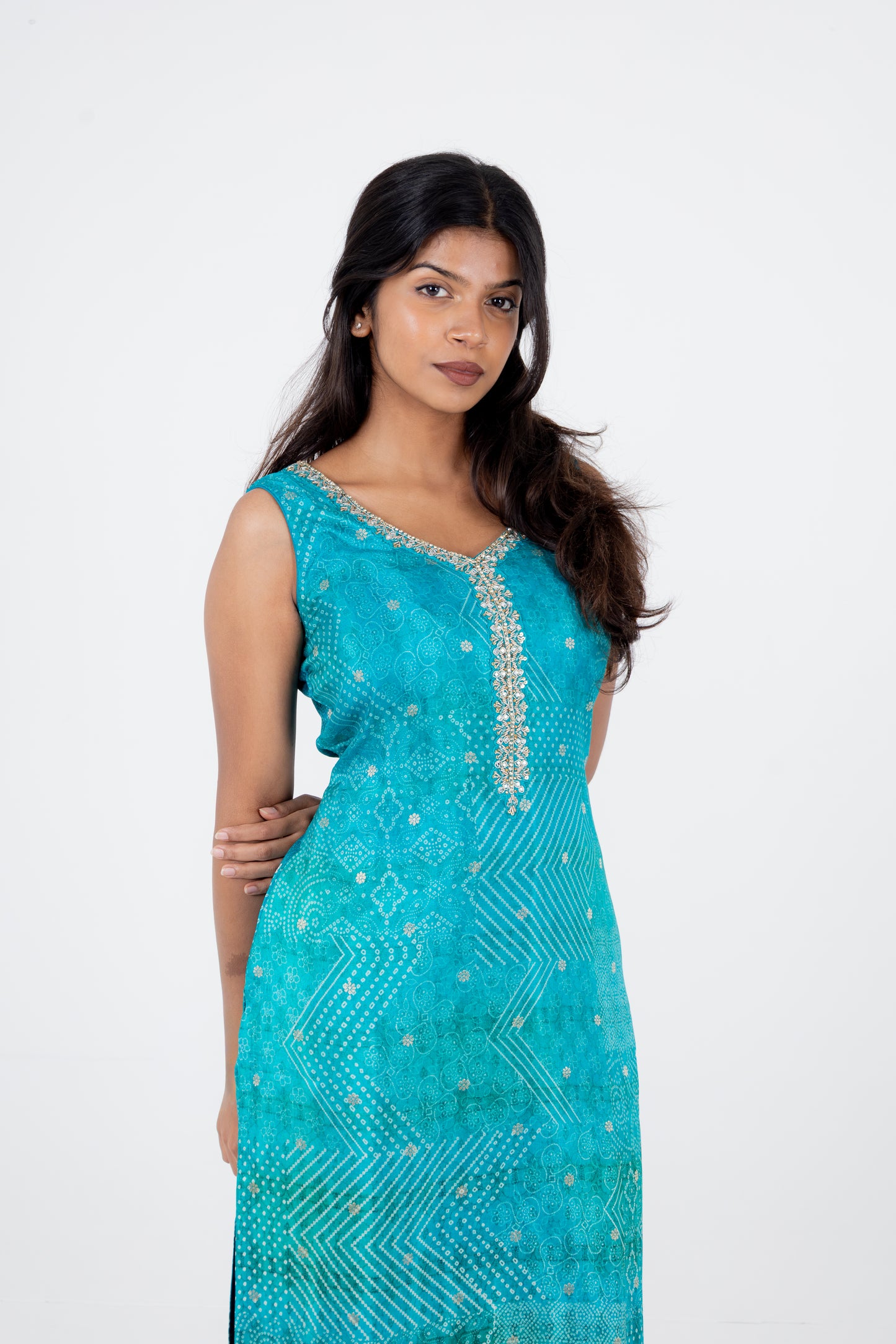 Turquoise Blue Bandhani Printed Suit Set with Embellished Neckline