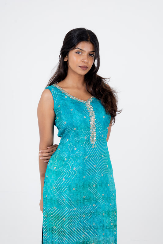 Turquoise Blue Bandhani Printed Suit Set with Embellished Neckline