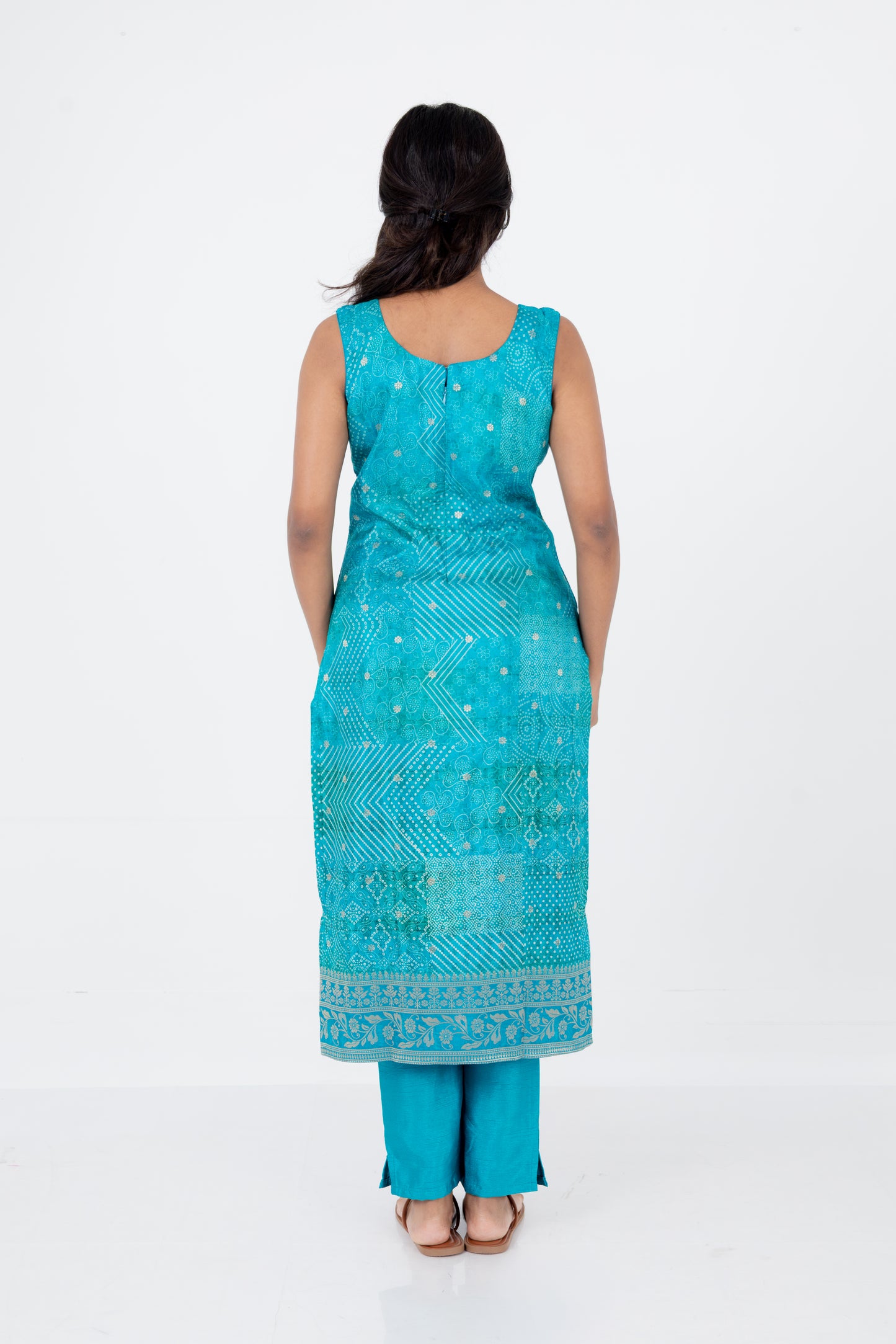 Turquoise Blue Bandhani Printed Suit Set with Embellished Neckline