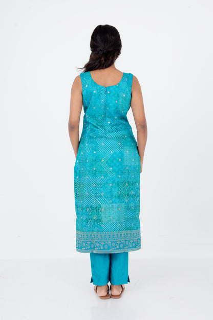 Turquoise Blue Bandhani Printed Suit Set with Embellished Neckline