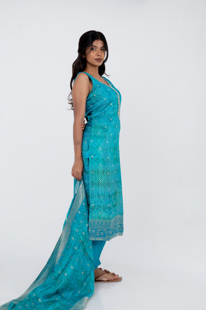 Turquoise Blue Bandhani Printed Suit Set with Embellished Neckline