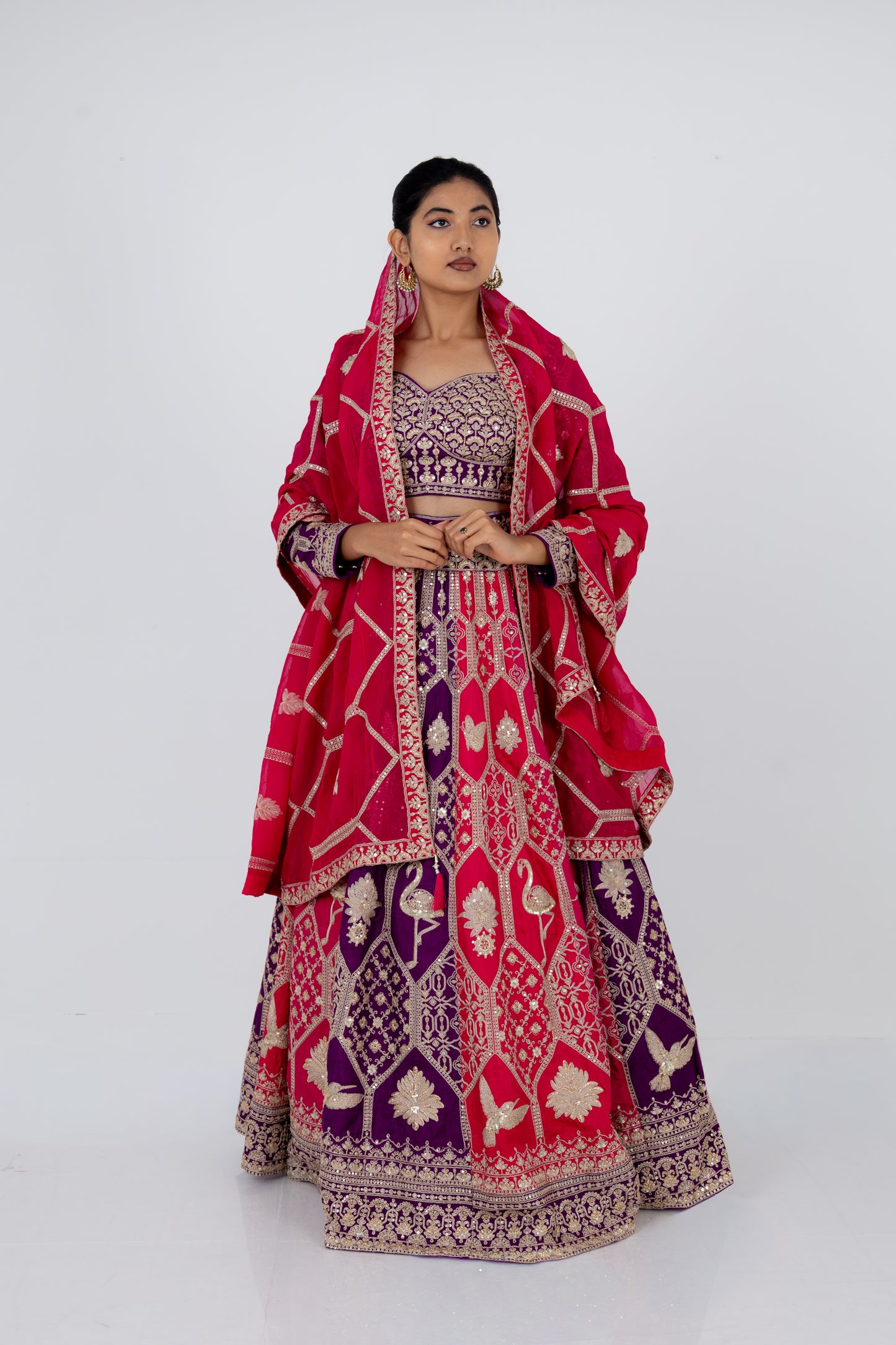 Royal Purple and Rani Pink Embroidered Lehenga Set with Zari Dupatta