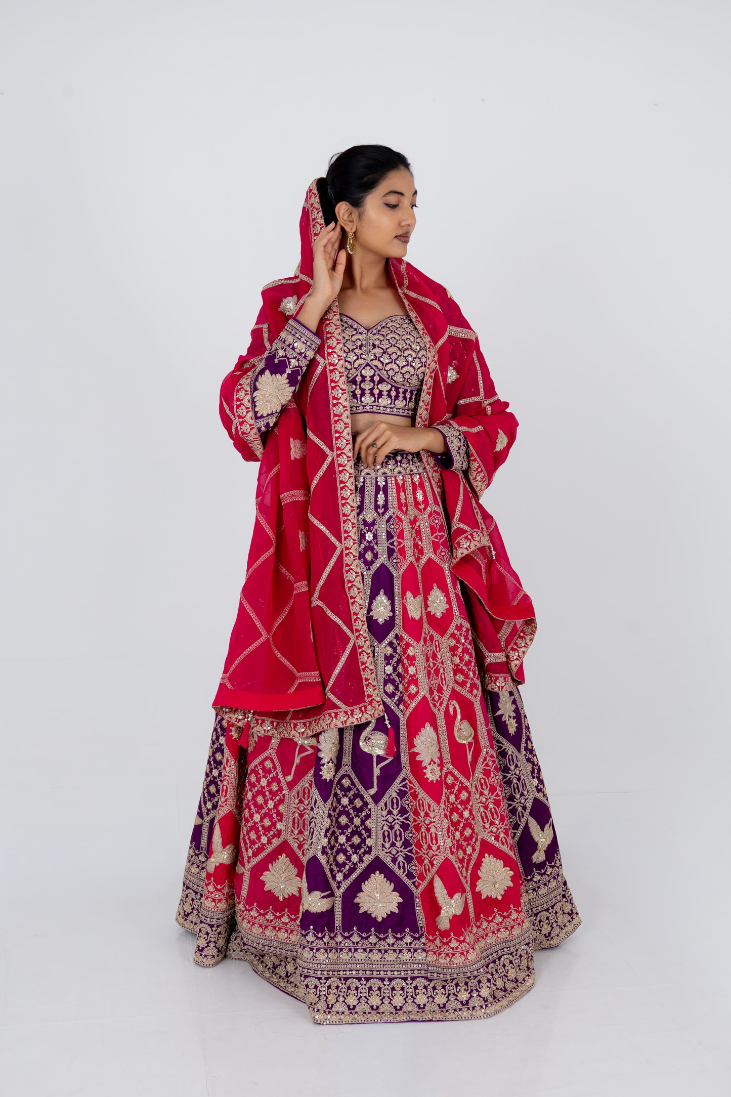 Royal Purple and Rani Pink Embroidered Lehenga Set with Zari Dupatta