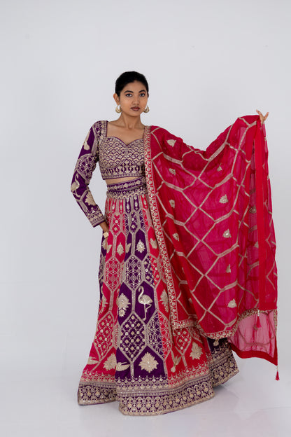 Royal Purple and Rani Pink Embroidered Lehenga Set with Zari Dupatta