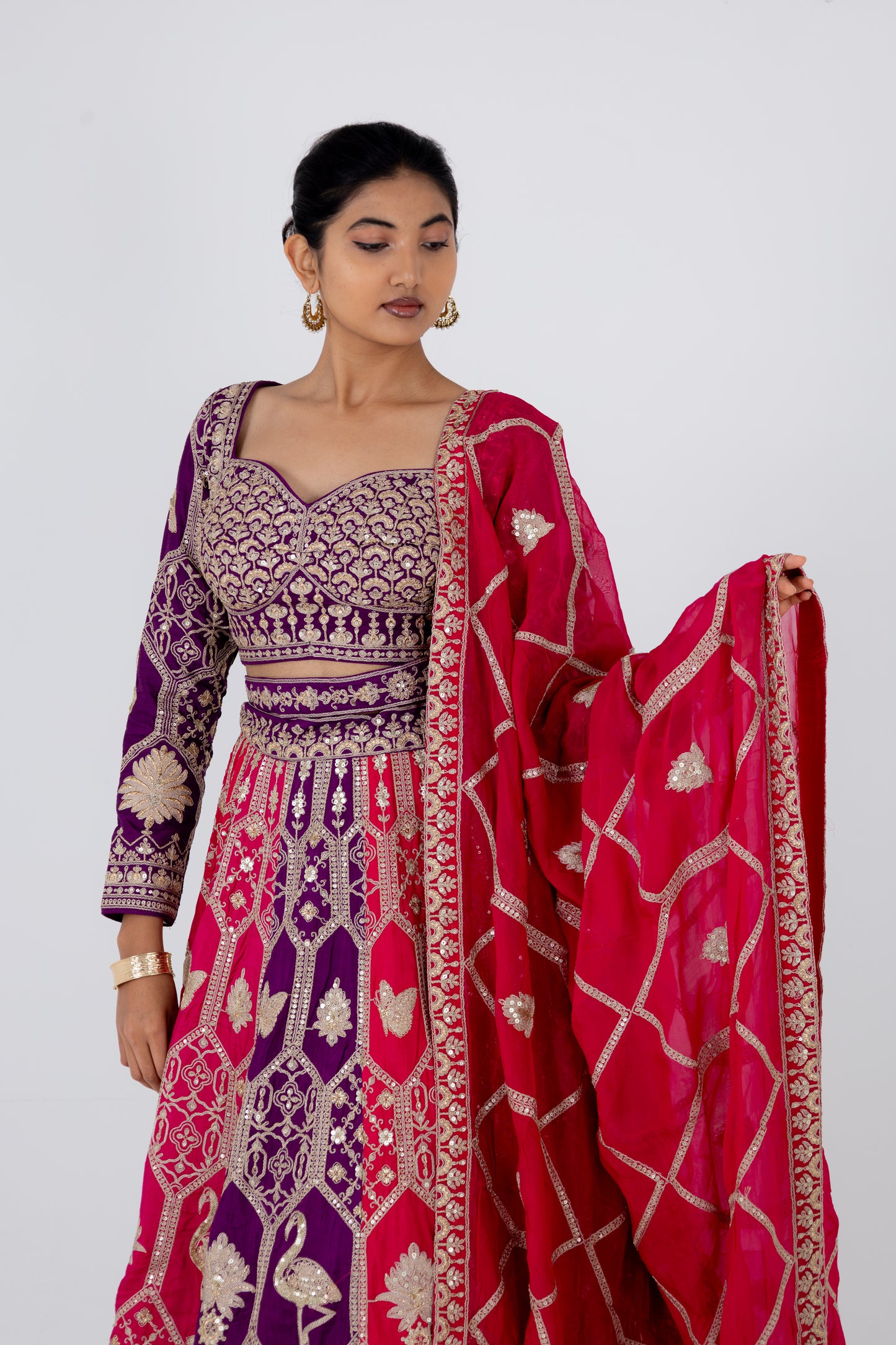 Royal Purple and Rani Pink Embroidered Lehenga Set with Zari Dupatta