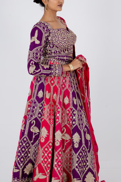 Royal Purple and Rani Pink Embroidered Lehenga Set with Zari Dupatta