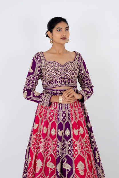 Royal Purple and Rani Pink Embroidered Lehenga Set with Zari Dupatta