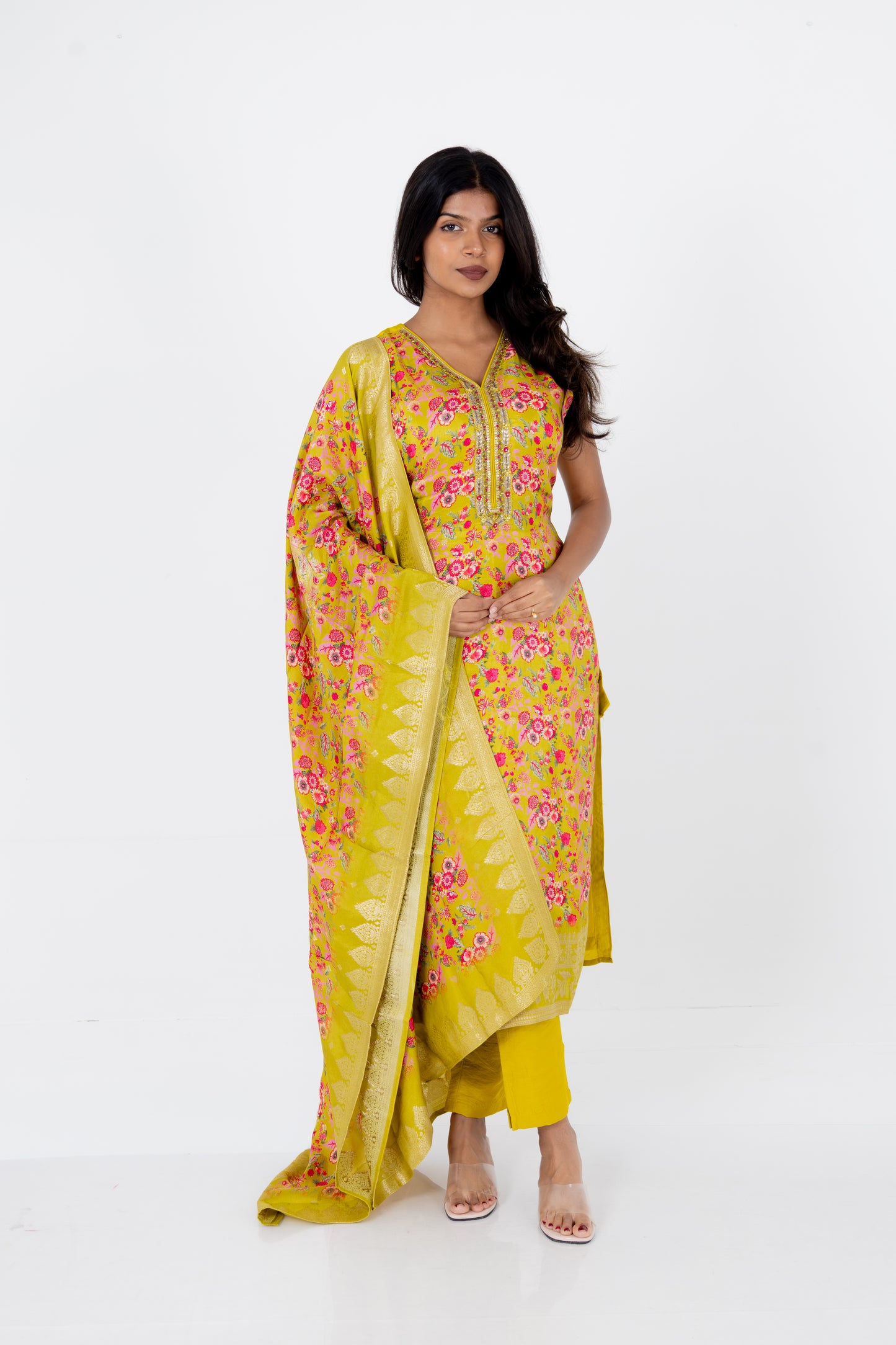 Sunlit Mustard Floral Embroidered Suit Set with Banarasi Dupatta