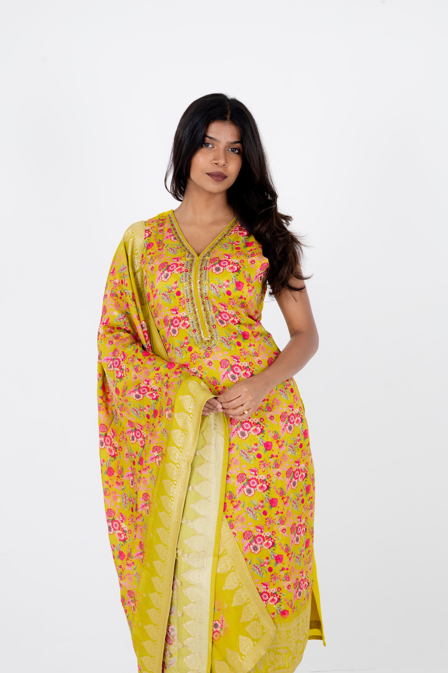 Sunlit Mustard Floral Embroidered Suit Set with Banarasi Dupatta