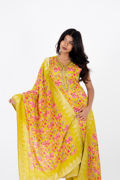 Sunlit Mustard Floral Embroidered Suit Set with Banarasi Dupatta