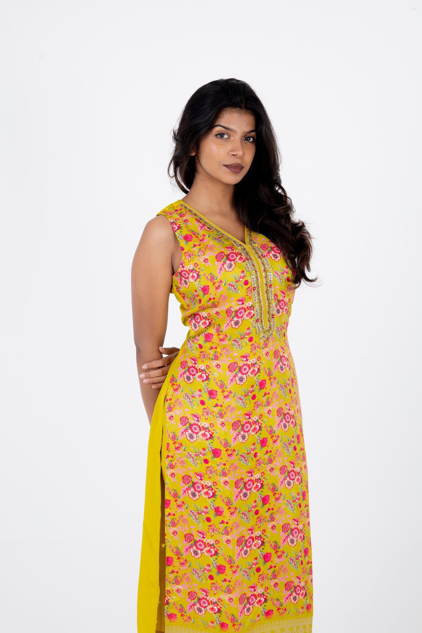 Sunlit Mustard Floral Embroidered Suit Set with Banarasi Dupatta