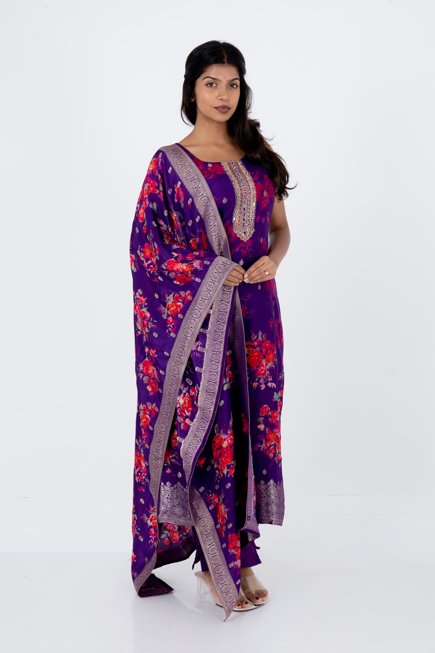 Royal Violet Floral Printed Suit Set with Embellished Neckline and Dupatta