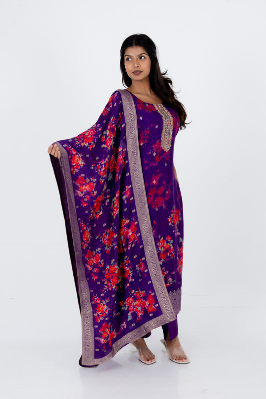 Royal Violet Floral Printed Suit Set with Embellished Neckline and Dupatta